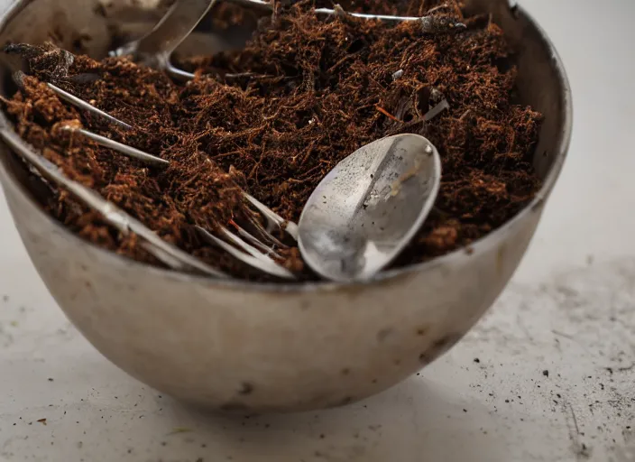 Prompt: dslr photograph of a bowl filled with rusty nails and metal parts with a spoon next to it, 8 5 mm f 1. 8