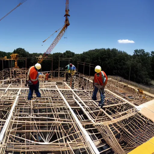 Image similar to Construction workers building the solar system. Extreme wide-angle shot