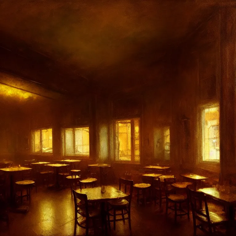 Prompt: interior of pizzeria by jeremy mann, soft grainy bloom lucid dream - like atmosphere, harsh flash photo, baroque portrait painting, perfect composition, detailed octane render trending on artstation, 8 k artistic photography, volumetric cinematic perfect light, chiaroscuro, masterpiece, raphael, caravaggio, beksinski, rutkowski, beeple