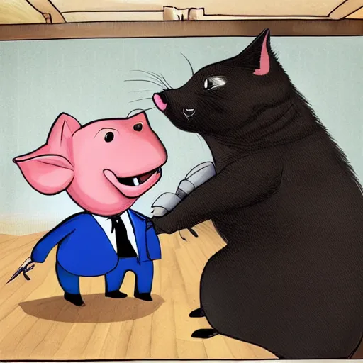 Prompt: a pig wearing a suit fighting with a cat photo - realistic