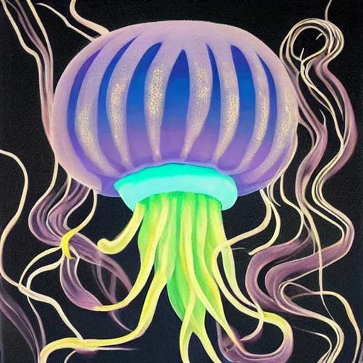 Image similar to The Omnious Black Jellyfish, painting by Chiho Aoshima, Yoshitomo Nara, Huang Yuxing and Aya Takano , Superflat art movement, chibi, , very ethereal, , oil inks, very ethereal, silver light, nacre colors