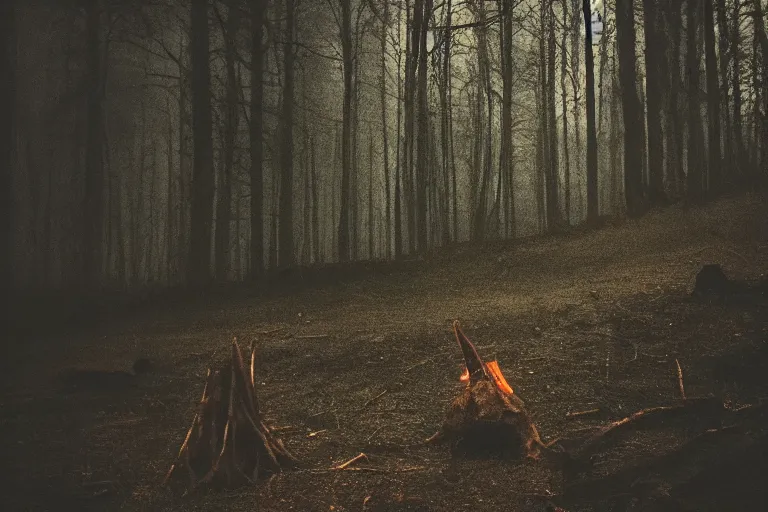 Image similar to terrible dark forest in the depths of which there is a thick butcher in a dirty shirt, chopping meat on a wooden stump, filmed hidden on a phone camera, Cinematic, wildlife photography, 35mm, photo on iphone