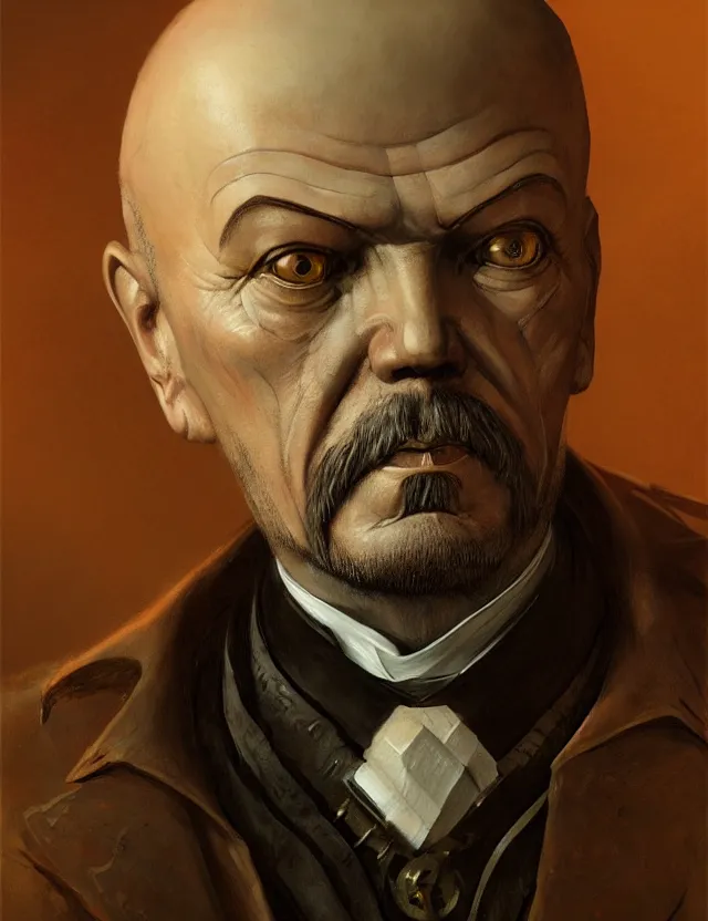 Image similar to a portrait of a steampunk vladimir lenin, by moebius and tyler edlin and hr giger, trending on artstation, digital art, 4 k resolution, detailed, high quality, sharp focus, hq artwork, coherent, insane detail, concept art