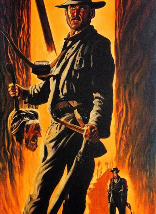 Prompt: 1 9 8 6 poster for indiana jones and the last crusade. oil on canvas. print.