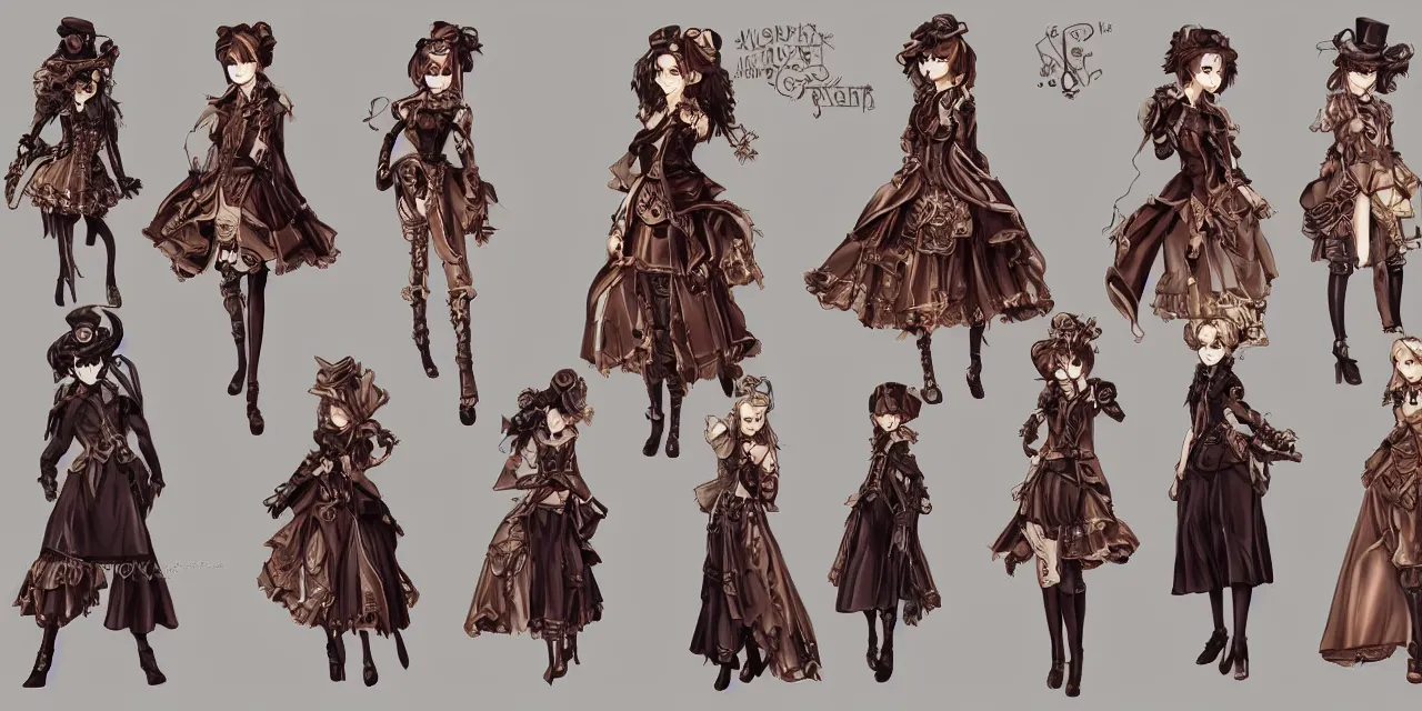 Prompt: Steampunk Dresses, costume, anime, game, character concept, characters reference sheet, high quality, ultra detailed, full body, trending on ArtStation, digital art, concept art