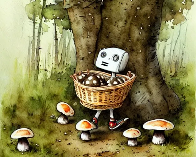 Prompt: a cute little robot walking in the forest picking mushrooms, holding a basket full of mushrooms, watercolor painting by jean - baptiste monge