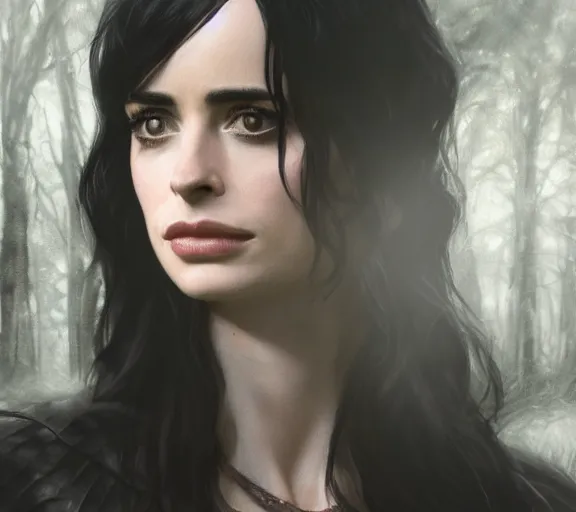 Image similar to 5 5 mm close up portrait photo of krysten ritter as yennefer of vengerberg in black leather armor and black hair, in a forest. magical atmosphere. art by greg rutkowski. lifelike. very detailed 8 k. intricate. soft light. nikon d 8 5 0.