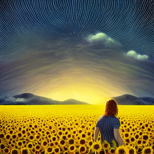 Image similar to giant yellow sunflower face, girl walking in wheat field, hills, surreal photography, dark night, star trails, dramatic light, impressionist painting, clouds, digital painting, artstation, simon stalenhag