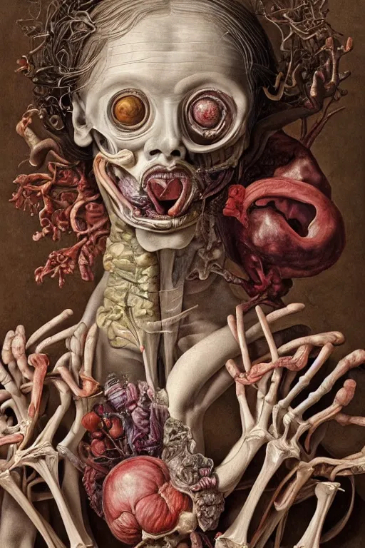 Image similar to Detailed maximalist portrait of a greek god with large lips and eyes, scared expression, botanical anatomy, skeletal with extra flesh limbs, HD mixed media, 3D collage, highly detailed and intricate, surreal illustration in the style of Jenny Saville, dark art, baroque, centred in image