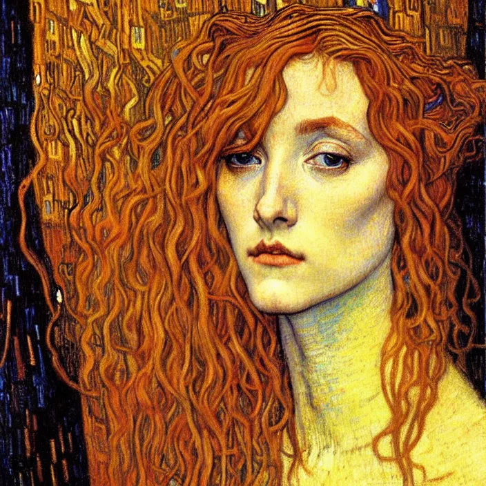 Image similar to detailed realistic beautiful young medieval queen face portrait by jean delville, gustav klimt and vincent van gogh, art nouveau, symbolist, visionary, gothic, pre - raphaelite, muted earthy colors, desaturated