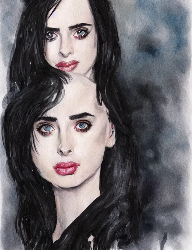 Image similar to portrait of a young krysten ritter as the black widow from marvel, beautiful eyes, aquarelle, realistic painting, freckles, 1 / 4 headshot