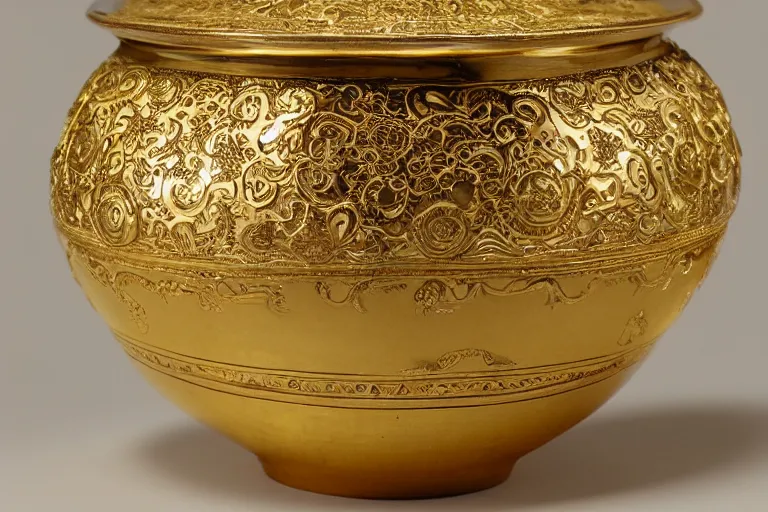 Prompt: an ornate golden bowl of rice, side-view, highly detailed photograph