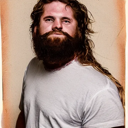 Prompt: portrait of Willie Ray Keene, a 27-year old man from rural Georgia. Willie Ray has a hirstute, muscular build. Long unkempt mane of hair. thick beard. wearing a white t-shirt. His vibe and general aesthetic is: primal, wild, predatory, snarling, lupine, apex, vibrant. Willie Ray is a shaman and ecstatic of the Thyrsus path. mage: the awakening art, chronicles of darkness modern supernatural horror aesthetic. Portrait by Carlos Samuel Araya, Jason Harkness, and Richard Corben. high detail high quality portrait with realistic face and face proportions. hyperrealistic lighting.