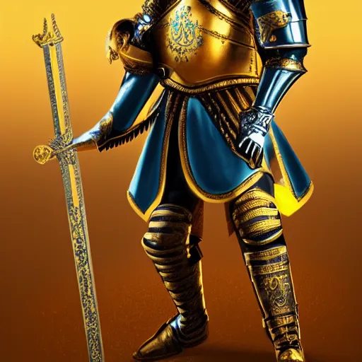 Image similar to a highly detailed knight in a T golden helmet and a golden crown with a blue diamond in the center, golden armor, leather clothes under the armor, leather gloves, holds a black sword, artstation, DeviantArt, professional, octane render, sunset lighting