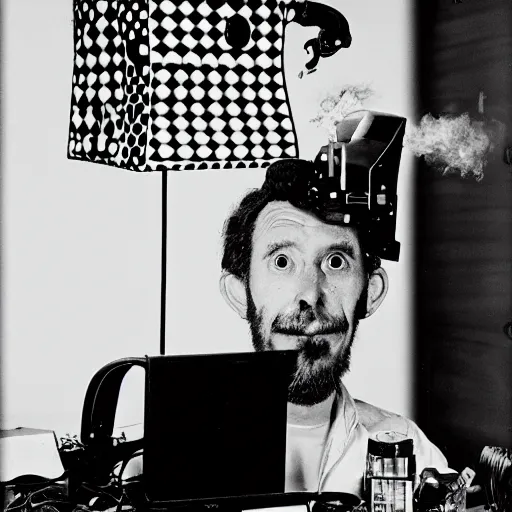 Image similar to a black and white photograph of a man destroying a computer until it sparks, by gary baseman, by robert crumb, by jim henson, photorealistic, surreal, soft lighting, film photography, home photography, home video