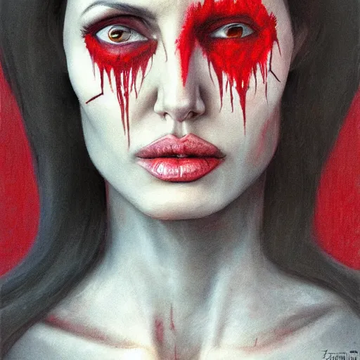 Image similar to portrait of Angelina Jolie with red glowing eyes in hood and crown of thorns, dark fantasy, Warhammer, artstation painted by Zdislav Beksinski and Wayne Barlowe