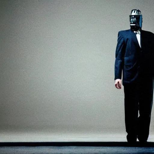 Image similar to movie scene of a man with a robot head, acting, movie still, cinematic lighting, Movie by David Lynch