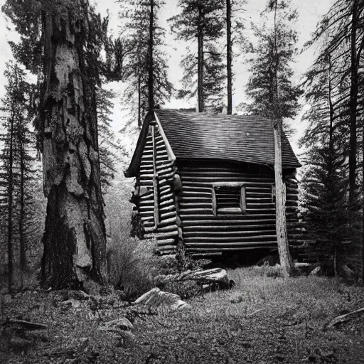 Prompt: a photo of a Eerie cabin in the middle of the woods photographed by Ansel Adams