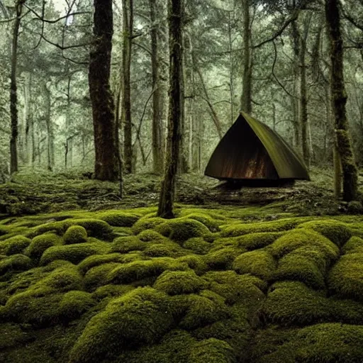 Image similar to A forest full of trees and moss, the scene contains a singular hut with a strange figure standing nearby, Photography, dark, intricate cube, Bleda, Elsa