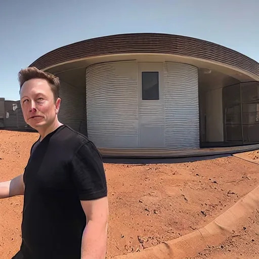 Image similar to Elon musk selfie with background futuristic house on mars