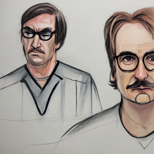 Prompt: court sketch of saul goodman and team looking defeated, with trimmed mustache, wearing glasses, wearing prison jumpsuit, testifying, sketch by jeff kandyba, marilyn church