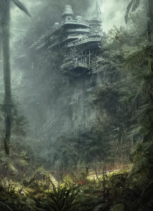 Image similar to aircraft carrier USS Nimitz overgrown with vegetation laying on the ground of a tropical forest, post appocalyptic, by Luis Royo, by Greg Rutkowski, dark, gritty, intricate, cover illustration, concept art, volumetric lighting, volumetric atmosphere, sharp focus, octane render, trending on artstation, 8k