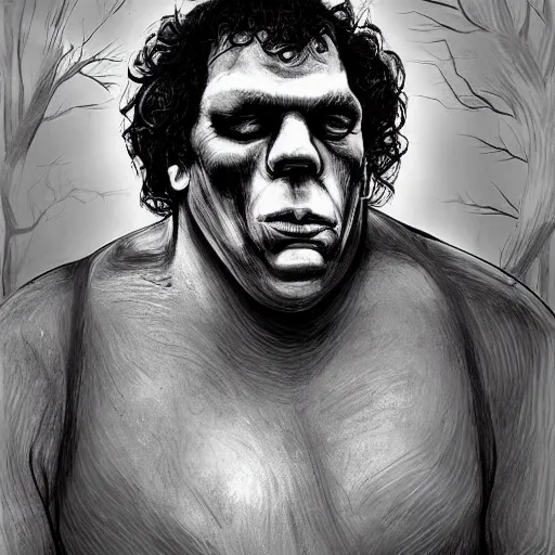 Image similar to andre the giant, visual art style, scary atmosphere, nightmare - like dream