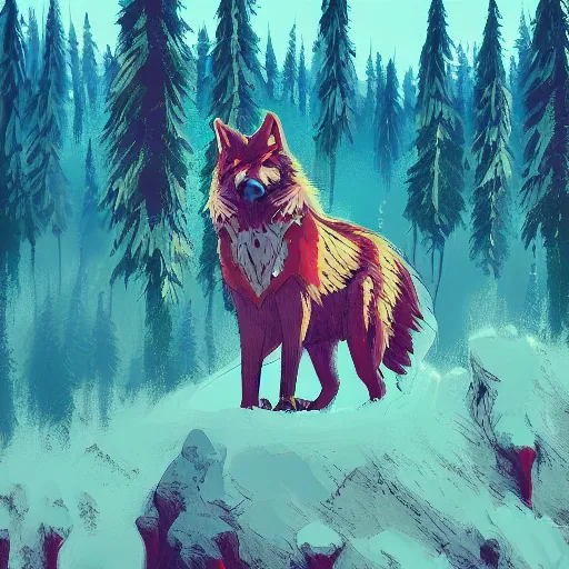 Image similar to a pacific northwest native american wolf standing in a cedar forest, by anton fadeev and simon stalenhag, trending on art station