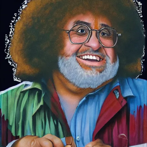 Prompt: danny DeVito dressed as a bob ross 1970s street artist, realism, detailed