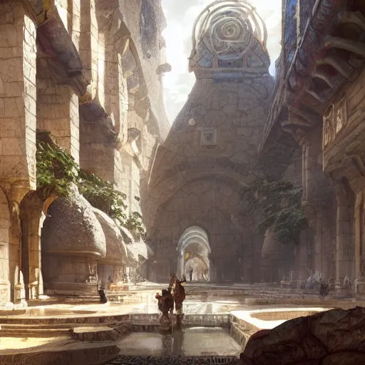 Image similar to A wide open courtyard in a beautiful dwarven city made of marble, inside the underground cave, lustrous minerals, a fantasy digital painting, artstation, concept art, sharp focus, illustration, art by greg rutkowski and alphonse mucha