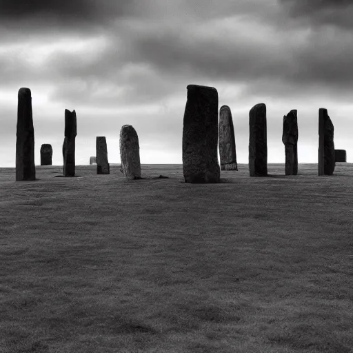 Prompt: a robed human figure stands among the neolithic standing stones of stenness, black and white, grainy, snow, brooding clouds, matte painting, concept art, 4k -W 1280