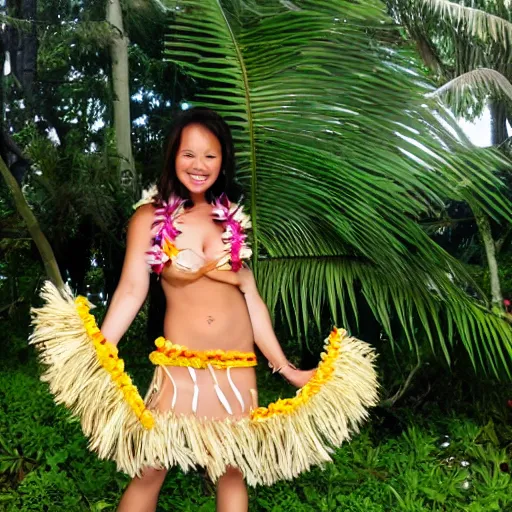 hawaiian girl carrying two coconuts cut in half with