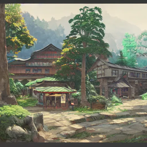Image similar to concept art painting of a historic bakery with european and japanese architecture, in a woodland village surrounded by trees, in a mountain valley, realistic, detailed, cel shaded, in the style of makoto shinkai and greg rutkowski and james gurney
