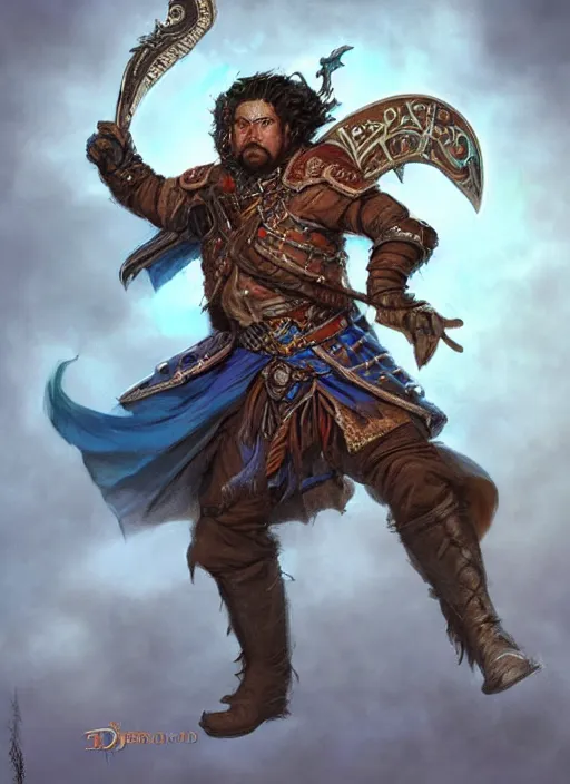 Prompt: happy cheerful bard, ultra detailed fantasy, dndbeyond, bright, colourful, realistic, dnd character portrait, full body, pathfinder, pinterest, art by ralph horsley, dnd, rpg, lotr game design fanart by concept art, behance hd, artstation, deviantart, hdr render in unreal engine 5