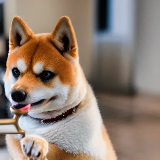 Image similar to close - up portrait of shiba inu holding huge mace in paws, ( eos 5 ds r, iso 1 0 0, f / 8, 1 / 1 2 5, 8 4 mm, postprocessed, sharp )