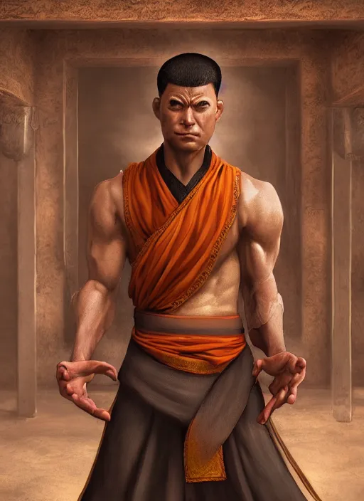 Prompt: A fantasy comic book style portrait painting of a monk as a martial arts fighter in a serene temple, unreal 5, DAZ, hyperrealistic, octane render, RPG portrait, ambient light, dynamic lighting
