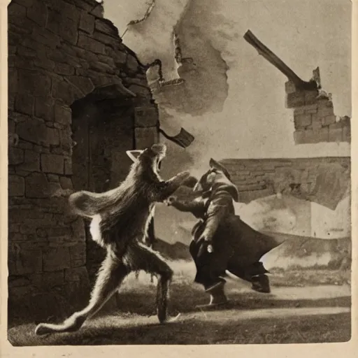 Image similar to anthropomorphic fox man fights in front of a castle while it begins to crumble, 1910s film scene