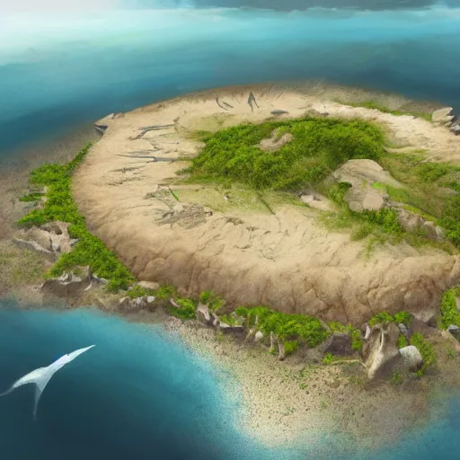 Prompt: Long forgotten island that once hosted a great civilization now gone, Tropical Island, matte painting, concept art, top down view