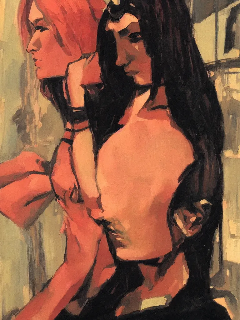 Image similar to portrait profile of one mysterious dark beautiful women in 1 9 7 8, oil painting by john watkiss