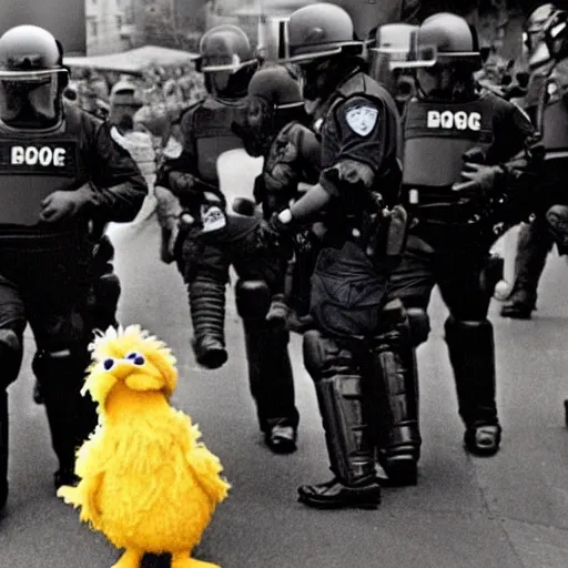 Image similar to a photo of big bird from Sesame Street being arrested at a riot