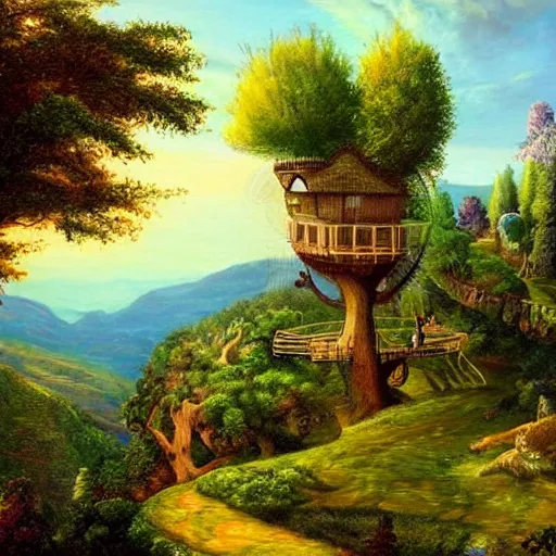 Prompt: fancy treehouse mansion on top of a mountain overlooking a view of the valley magical realism detailed painting