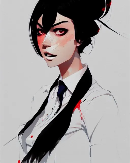 Image similar to a ultradetailed beautiful panting of a stylish woman wearing a shirt with a tie, she has black hair, by conrad roset, greg rutkowski and makoto shinkai, trending on artstation