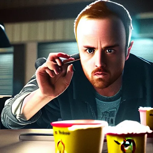 Image similar to Jesse Pinkman from Breaking Bad eating at McDonald's, photorealism, cinematic lighting,