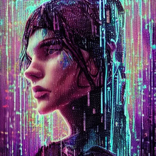 Image similar to bright aesthetic portrait LSD glowing backlit rain on face and wet hair, cyberpunk, overhead lighting, fantasy, intricate, elegant, dramatic lighting, highly detailed, lifelike, photorealistic, digital painting, artstation, illustration, concept art, smooth, sharp focus, art by John Collier and Albert Aublet and Krenz Cushart and Artem Demura and Alphonse Mucha