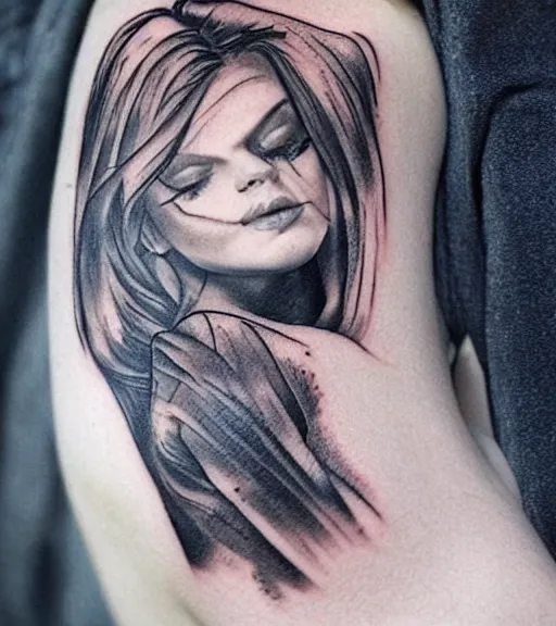 Image similar to tattoo design sketch of a beautiful blue - eyed woman face with a faded background of beautiful mountains and nature on her side, hyper - realistic, in the style of den yakovlev, amazing detail, black and white