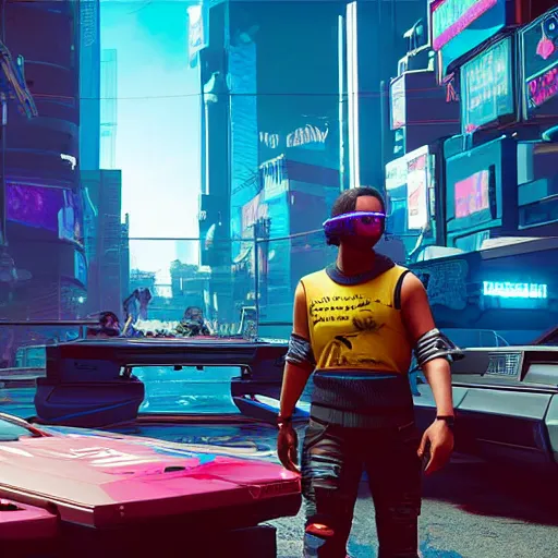 Image similar to cyberpunk 2077 with Pixar animation style