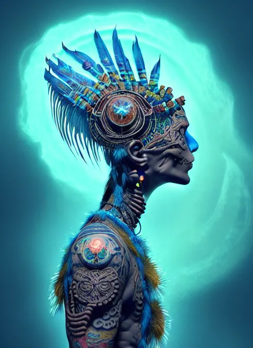 Image similar to 3 d shaman with tattoos profile portrait, sigma 5 0 0 mm f / 5. beautiful intricate highly detailed quetzalcoatl skull and feathers. bioluminescent, gradient background, plasma, frost, water, wind, creature, thunderstorm! artwork by tooth wu and wlop and beeple and greg rutkowski, 8 k trending on artstation,