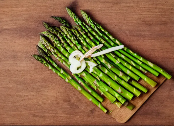 Image similar to asparagus and cut onion, on a wooden board, sunlight streaming in, cookbook photography