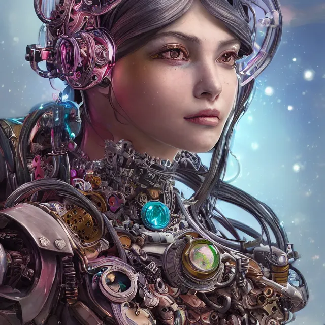 Image similar to the portrait of true neutral semi - colorful female cyborg mechanist as absurdly beautiful, gorgeous, elegant, young woman looking up, an ultrafine hyperdetailed illustration by kim jung gi, irakli nadar, intricate linework, bright colors, octopath traveler, final fantasy, unreal engine 5 highly rendered, global illumination, radiant light, detailed and intricate environment