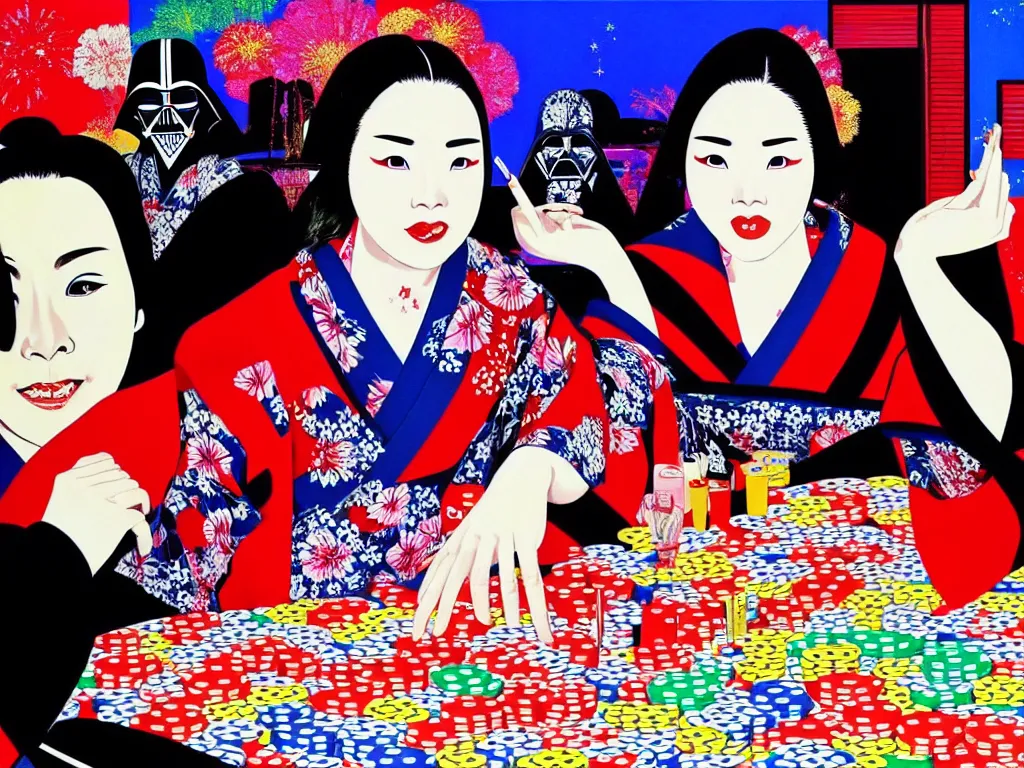 Prompt: hyperrealistic composition of the detailed woman in a japanese kimono sitting at a poker table with darth vader, fireworks, beautiful mountain in the background, pop - art style, jacky tsai style, andy warhol style, acrylic on canvas